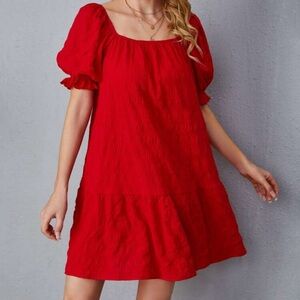Red Midi Sundress with Puff Sleeves and Crew Neck